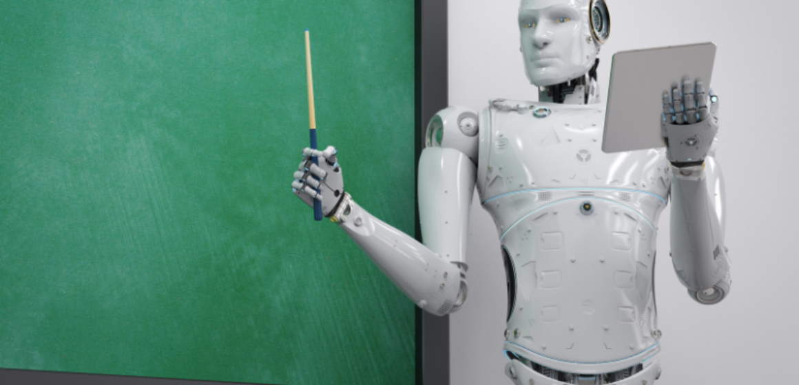 A robot is standing in front of a chalkboard.