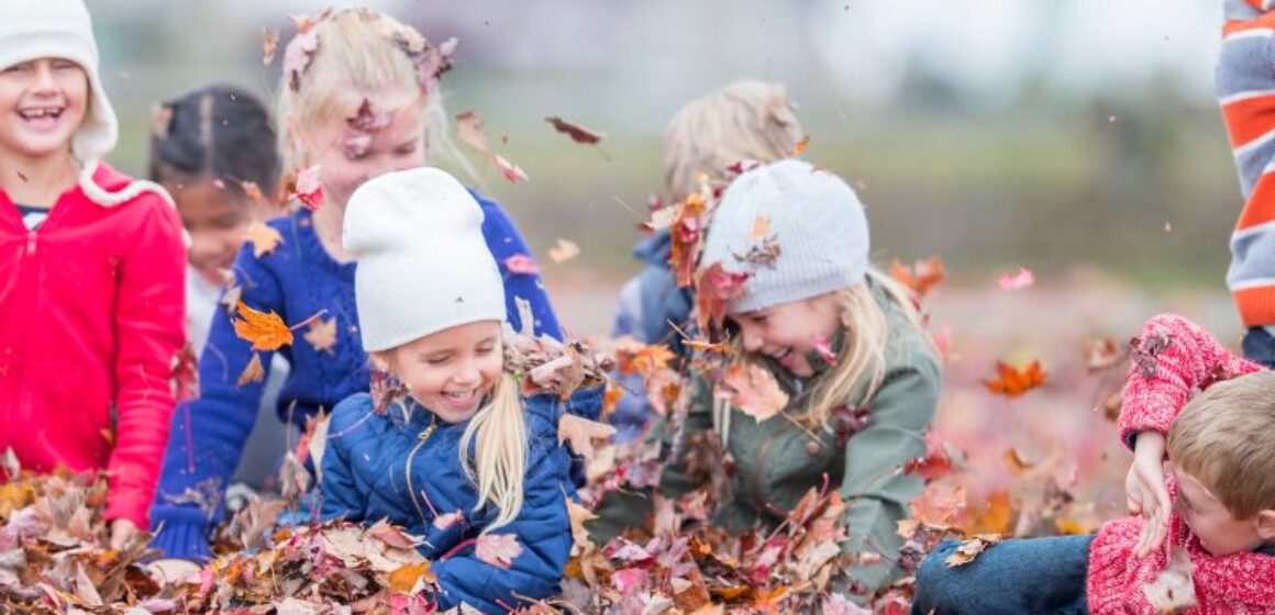 A group of children playing in a pile of leaves.