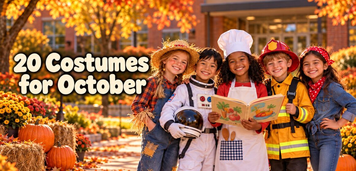 Five smiling kids in homemade costumes (scarecrow, astronaut, chef with a picture book, firefighter, and a denim shirt with a red bandana) outside a school in the fall, with pumpkins, hay bales, and the title 20 Costumes for October.