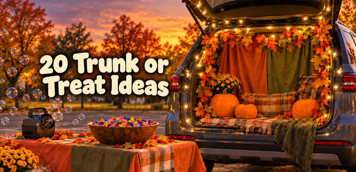 An SUV trunk decorated for a fall trunk or treat with string lights, a leaf garland, pumpkins, and a candy table in a park at dusk, with the title 20 Trunk or Treat Ideas.